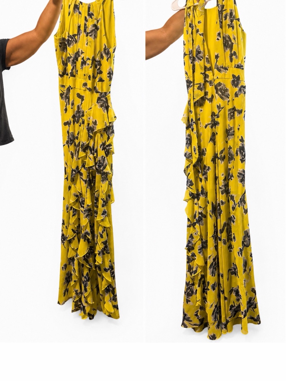 Eliza J Yellow Maxi Dress with Black Floral Print and Ruffles